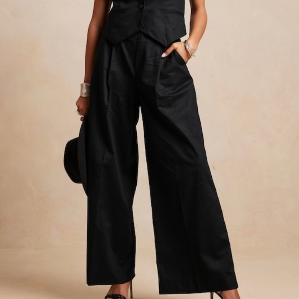 BANANA REPUBLIC Linen-Blend Wide-Leg Pant, Black, Size 6 Tall